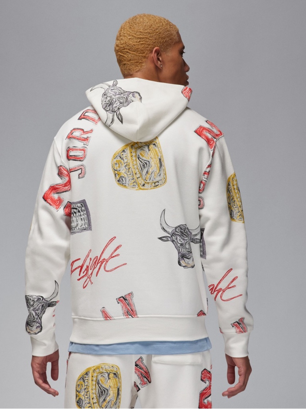 Air Jordan Hooded Sweatshirt Men All Over Print Flight Basketball Bulls White XL - Picture 2 of 9